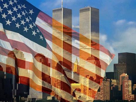 World Trade Center towers with an American flag, from the original Hub911 article.